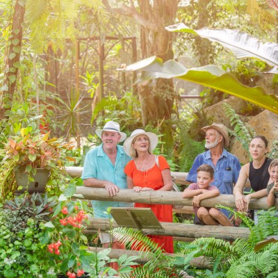 a group of people sitting in a garden