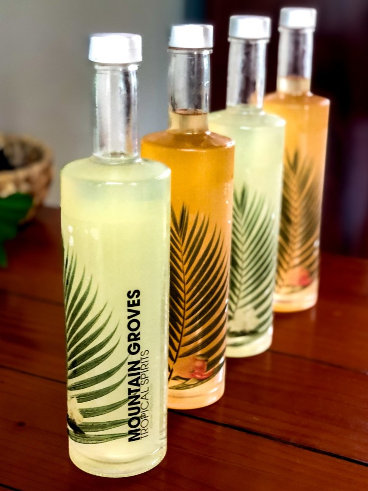 Four bottles of Mountain Groves spirits with palm designs on a wooden table.