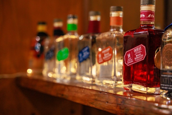 a bottle of wine and a glass of beer on a table